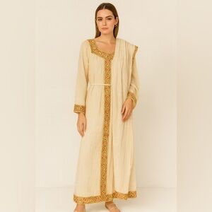 Vintage Ethiopian Cream Boho Maxi Dress Beaded Embroidered Long Sleeve Ethnic